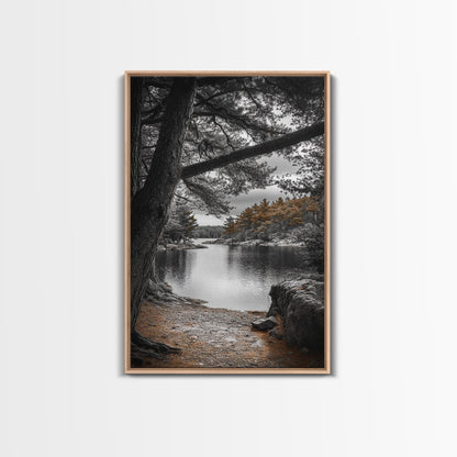 Autumn Forest Lake, Nature Photography, Scenic Landscape, Canvas Print, Rustic Cabin Decor, Neutral Tones, Bedroom Wall Art, Outdoor Art