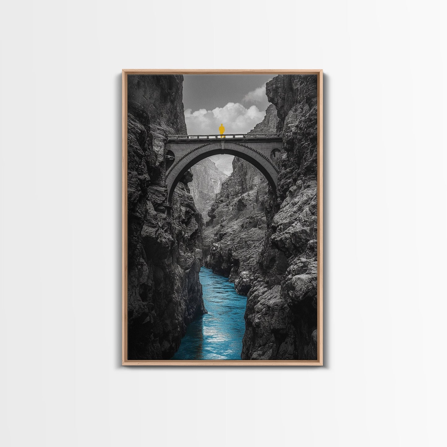 Canyon Bridge, Blue River, Yellow Figure, Framed Canvas Print, Bold Color Photography, Dramatic Landscape, Office Statement Art
