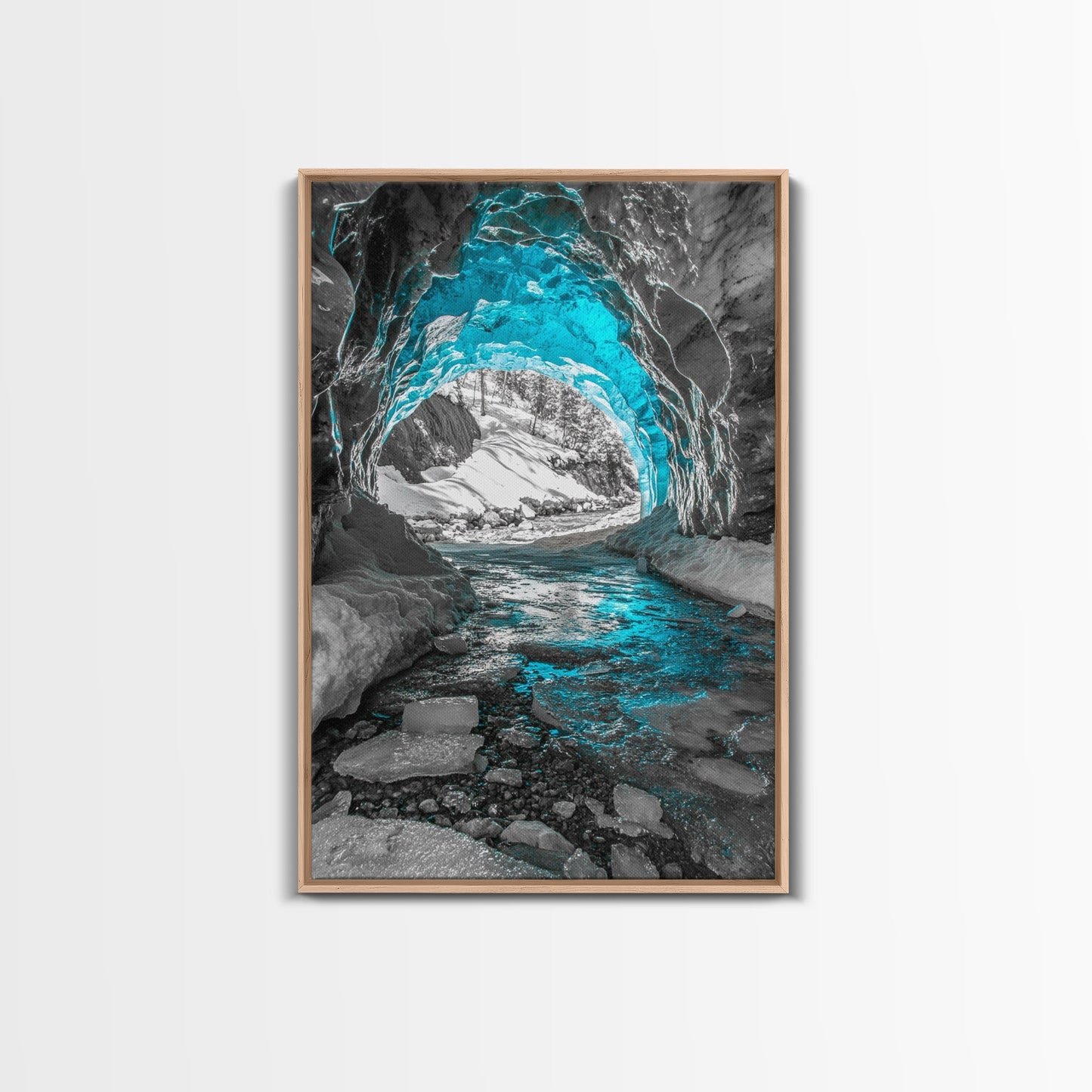 Blue Ice Cave, Winter Tunnel, Arctic Wonderland, Framed Canvas Print, Nature Wall Art, Minimalist Photography, Cool Tone Decor