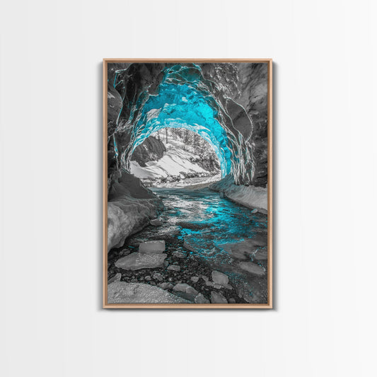 Blue Ice Cave, Winter Tunnel, Arctic Wonderland, Framed Canvas Print, Nature Wall Art, Minimalist Photography, Cool Tone Decor