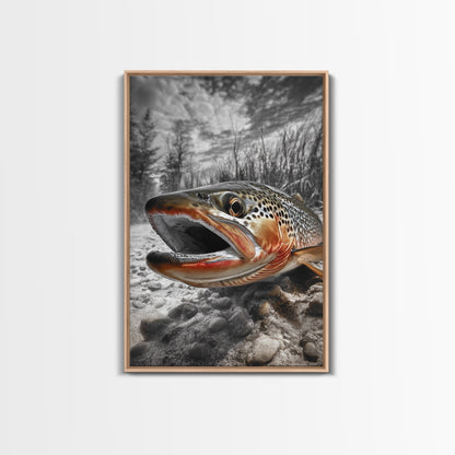 Brown Trout Closeup, Riverbed Focus, Dramatic Fish Art, Framed Canvas Print, Fisherman Gift, Cabin Wall Art, Rustic Outdoor Decor