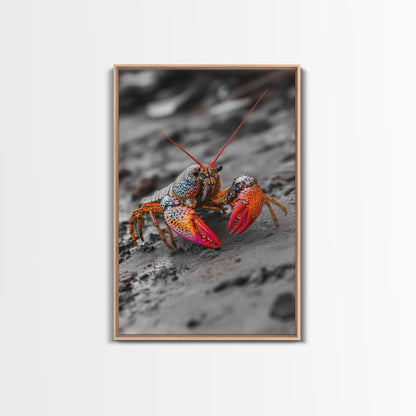 Colorful Lobster, Beach Wildlife, Close-Up Macro Art, Framed Canvas Print, Kitchen Wall Art, Coastal Marine Decor, Vibrant Style