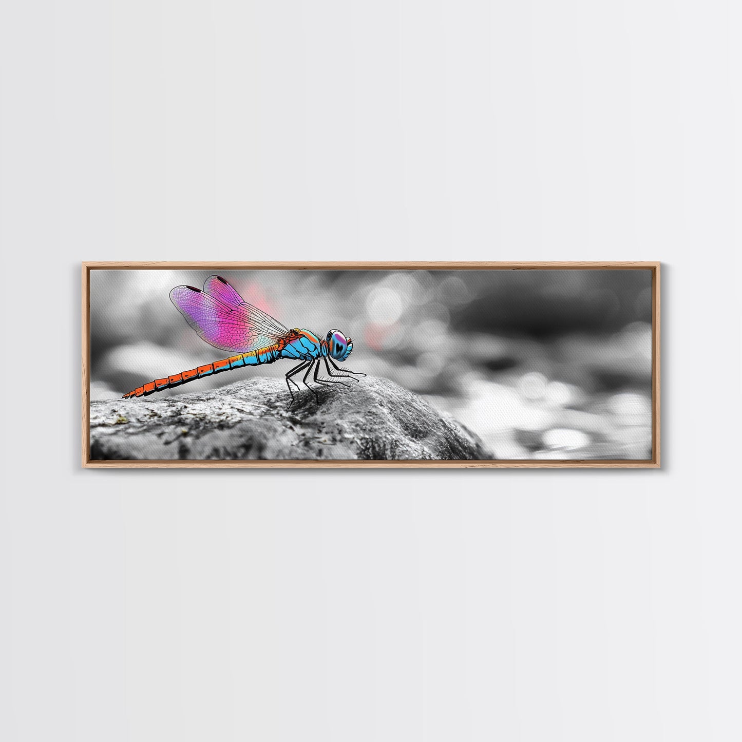 Neon Dragonfly, Nature Insect, Color Burst, Macro Beauty — Framed Canvas Print, Modern Boho Art, Bedroom Wall Art, Nature Photography