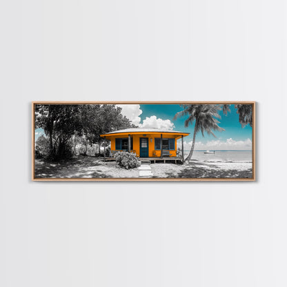 Beach House, Tropical Paradise, Yellow Cabin, Oceanfront View, Framed Canvas Print, Living Room Wall Art, Coastal Home Aesthetic