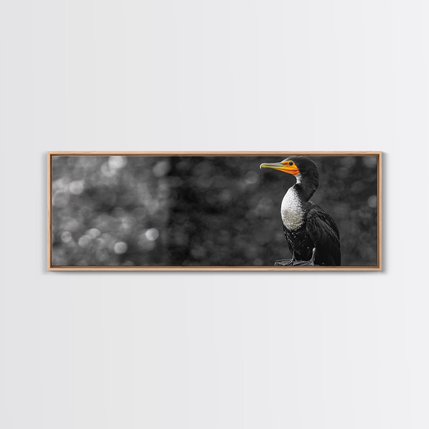Black White Bird, Orange Beak Detail, Minimal Nature Portrait, Framed Canvas Print, Rustic Wall Art, Study or Cabin Decor