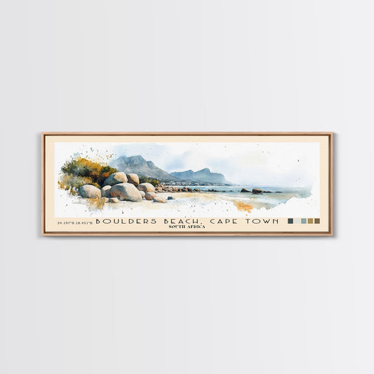 Boulders Beach, Cape Town, South Africa Watercolor Print, Vacation Gift, South Africa Wall Art, Beach Painting, Beach Decor, Large Wall Art, Wood Frame Art