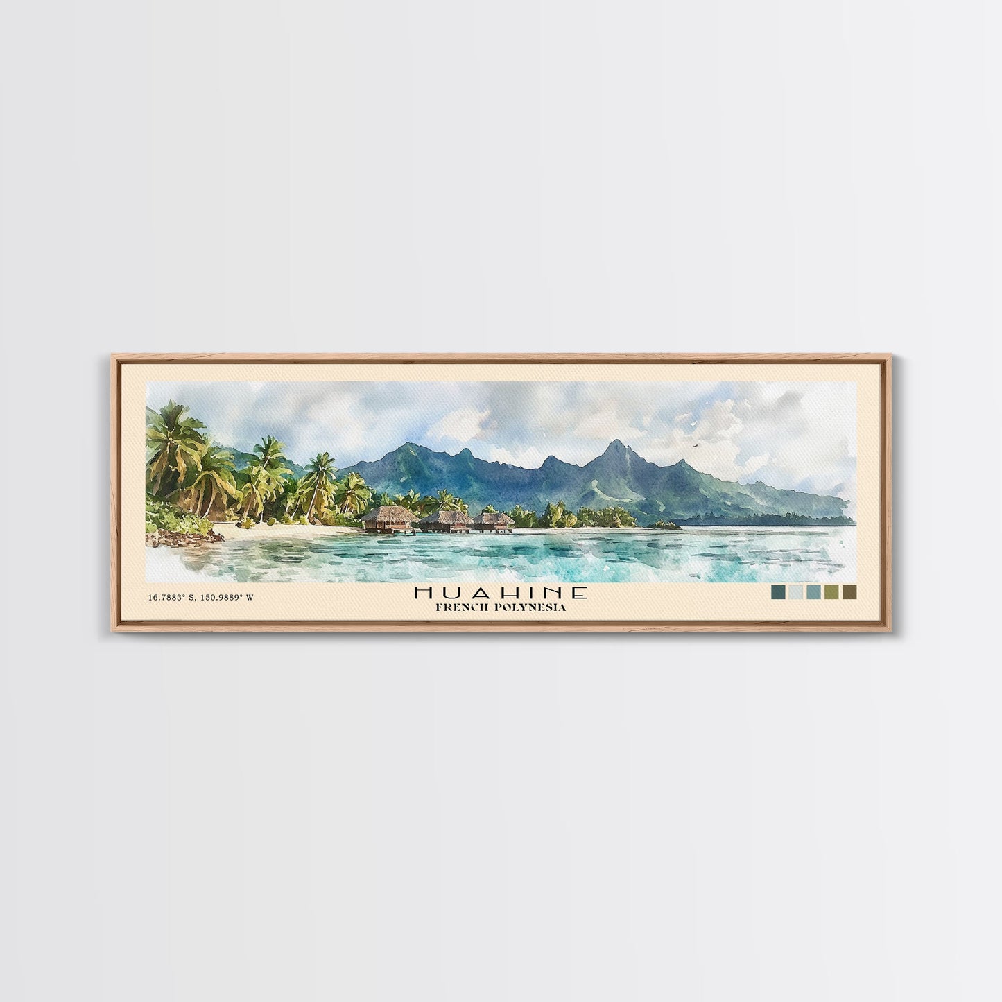Huahine, French Polynesia Watercolor Print, Vacation Gift, French Polynesia Wall Art, Beach Painting, Beach Decor, Large Wall Art, Wood Frame Art