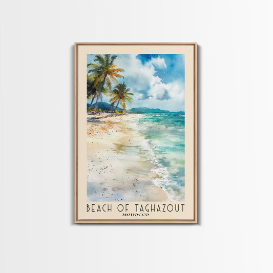 Beach of Taghazout, Morocco Watercolor Beach Print, Vacation Gift, Morocco Wall Art, Framed Canvas Print, Framed Beach Painting