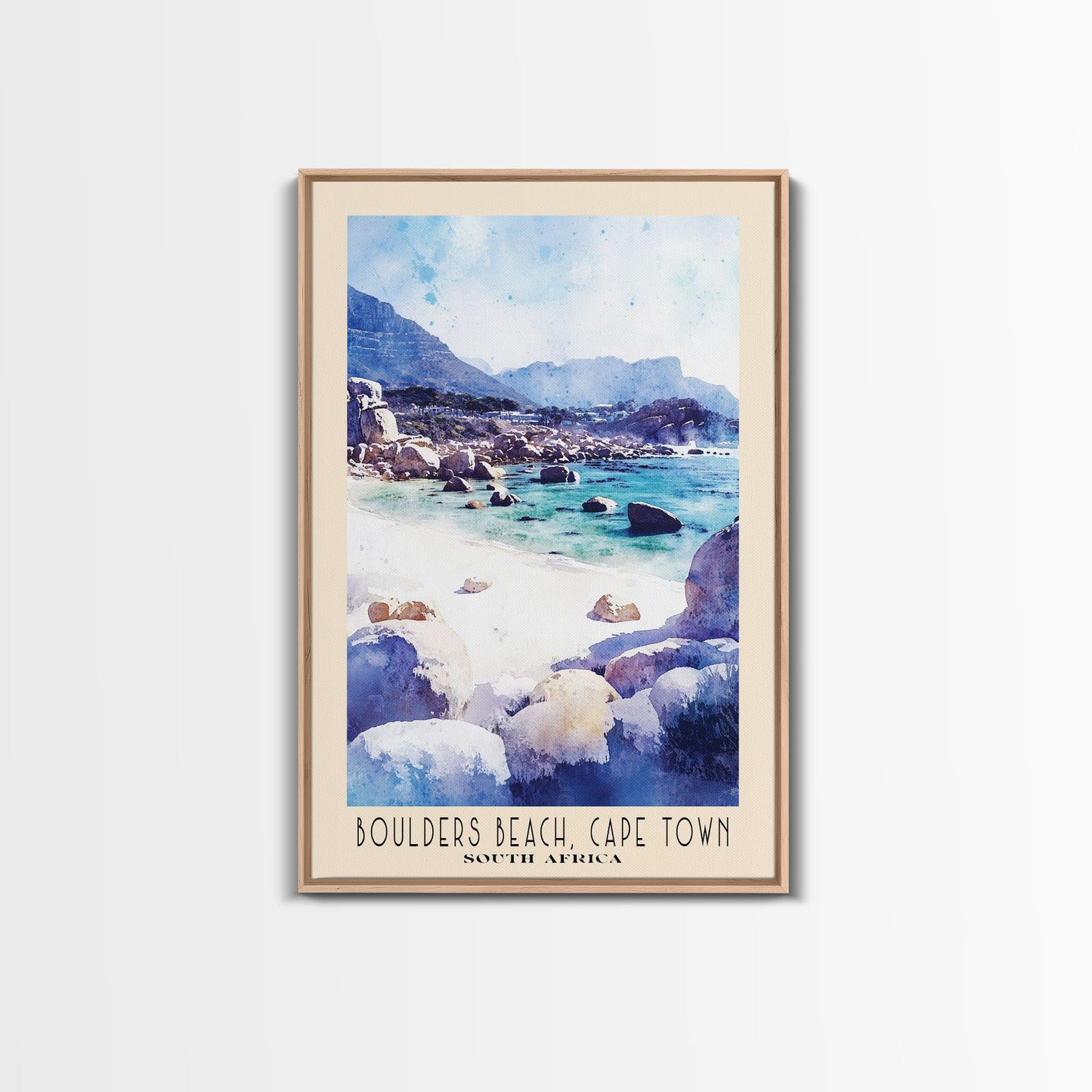 Boulders Beach, Cape Town, South Africa Watercolor Print, Vacation Gift, South Africa Wall Art, Beach Painting, Beach Decor, Large Wall Art, Wood Frame Art