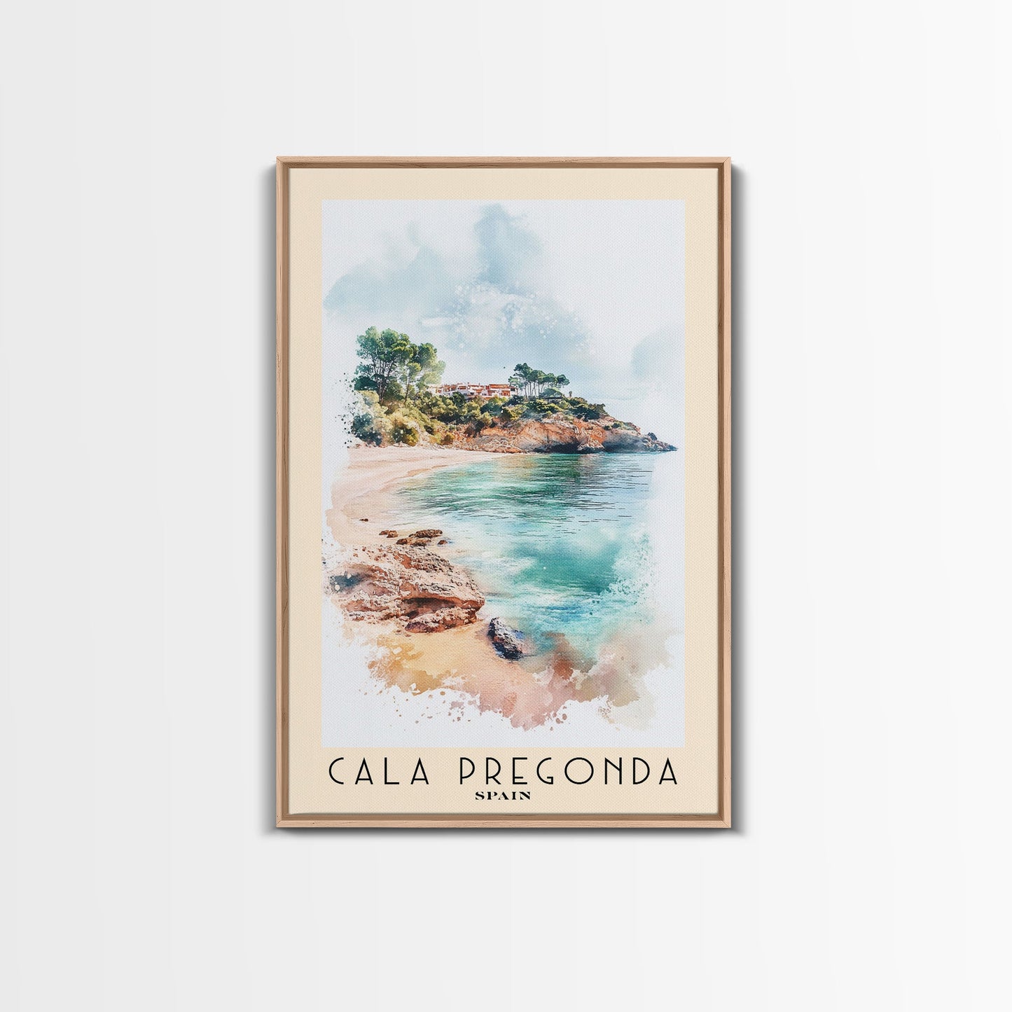 Cala Pregonda, Spain Watercolor Print, Vacation Gift, Spain Wall Art, Beach Painting, Beach Decor, Large Wall Art, Wood Frame Art