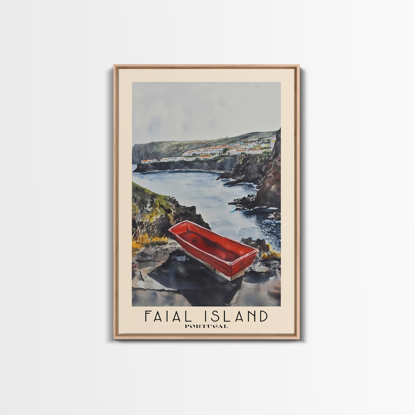 Faial Island, Portugal Watercolor Beach Print, Vacation Gift, Portugal Wall Art, Framed Canvas Print, Framed Beach Painting