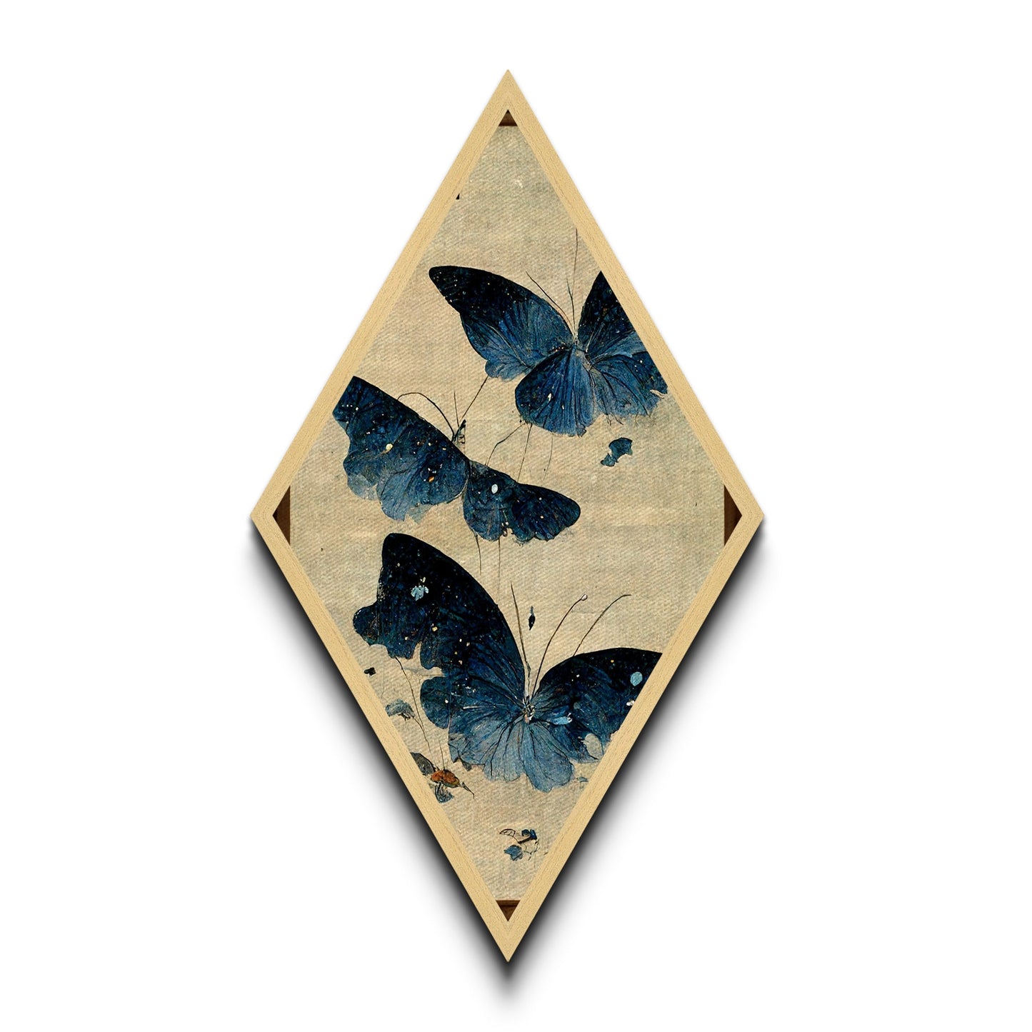 Blue Butterfly Flight Diamond Shaped Canvas Art Print, Japanese Insect Botanical Wall Decor, Nature Moth Garden Inspired Piece