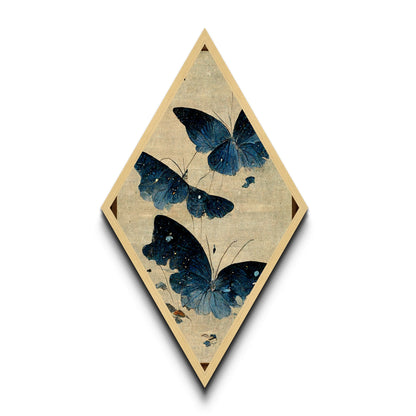 Blue Butterfly Flight Diamond Shaped Canvas Art Print, Japanese Insect Botanical Wall Decor, Nature Moth Garden Inspired Piece