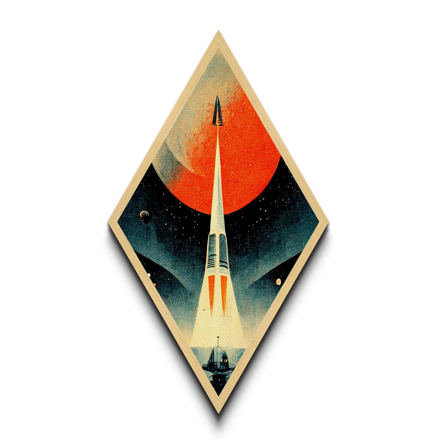 Rocket Launch Scene Diamond Shaped Canvas Textured Print, Retro Futurism Sci-Fi Wall Art, Outer Space Travel Vintage Poster