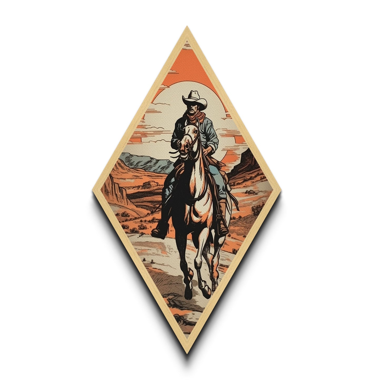 Canyon Trail Cowboy Ride Diamond Shaped Canvas Textured Print — Southwestern Western Wall Art Desert Horse Scene Rustic Ranch Decor