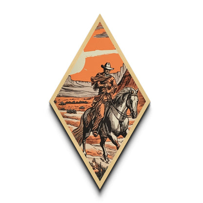 Cowboy Under Canyon Sun Diamond Shaped Canvas Embossed Print — Retro Western Wall Art Horseback Desert Scene Country Cabin Decor