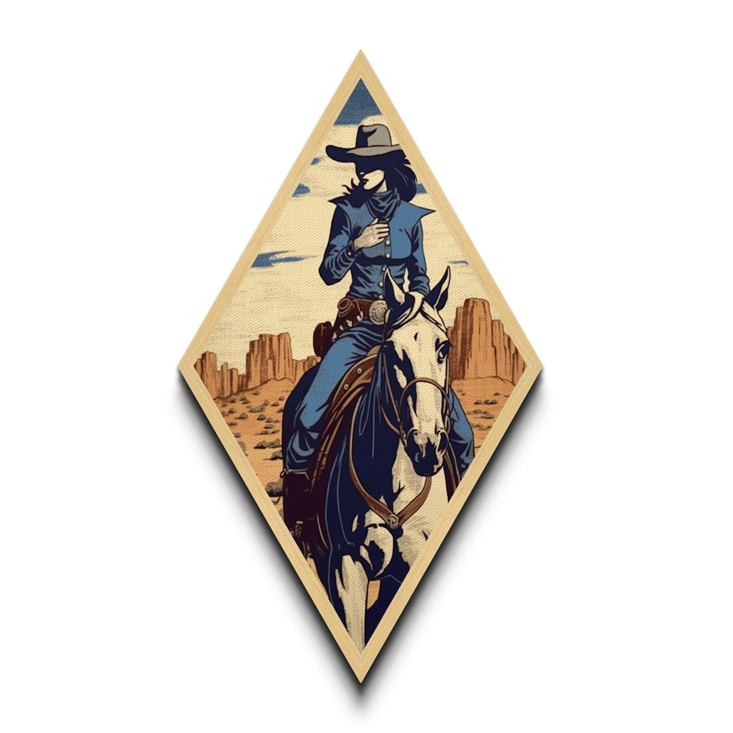 Desert Cowgirl Vibes Diamond Shaped Western Canvas Art Print with Horseback Rider in Blue Outfit Retro Country Rodeo Woman Home Accent