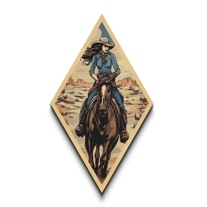 Sunset Cowgirl Ride Diamond Shaped Retro Western Canvas Textured Print Female Rider on Horseback Desert Scenic Illustration Wall Art