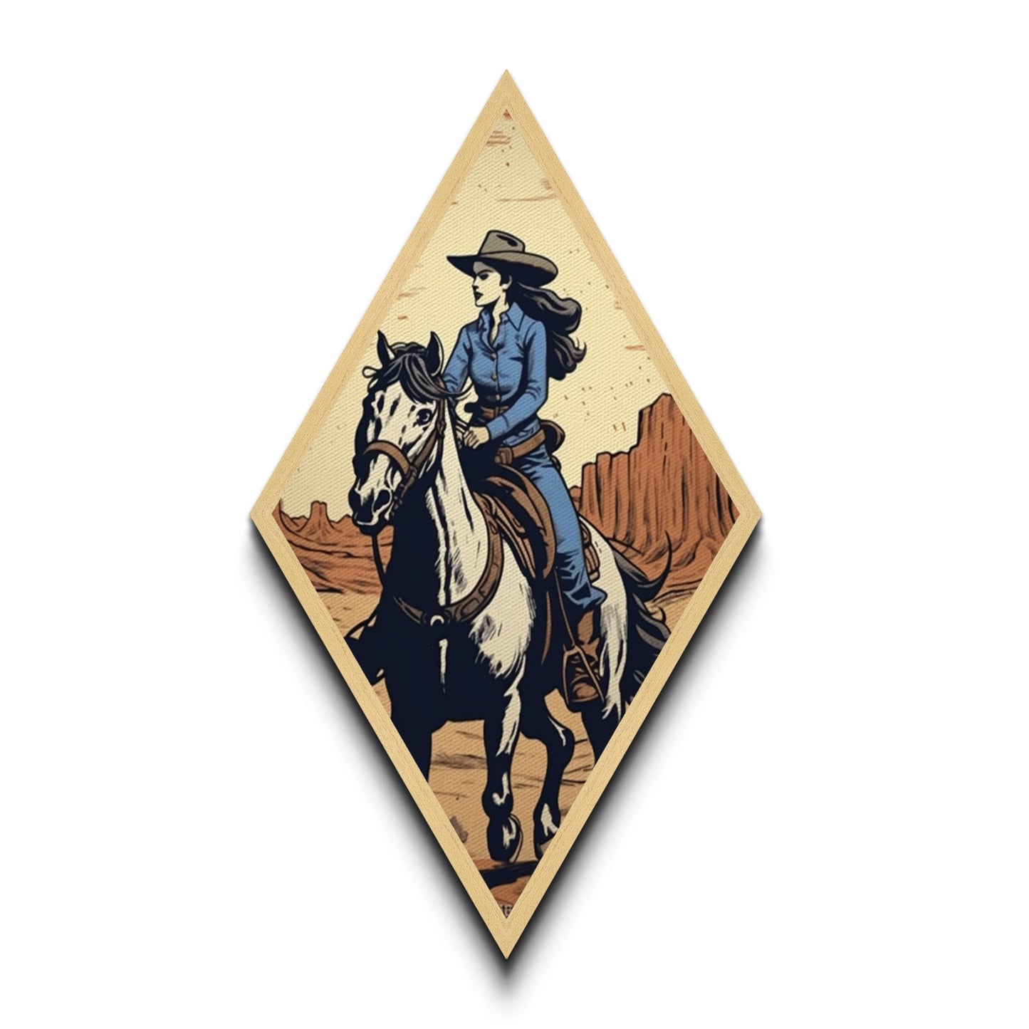 Trailblazing Cowgirl Diamond Shaped Western Wall Art Canvas Embossed Print Horseback Desert Landscape Rustic Country Home Decor