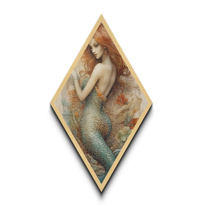 Enchanted Mermaid Muse Diamond Shaped Ocean Fantasy Wall Art Canvas Textured Print Mythical Sea Maiden Vintage Illustration