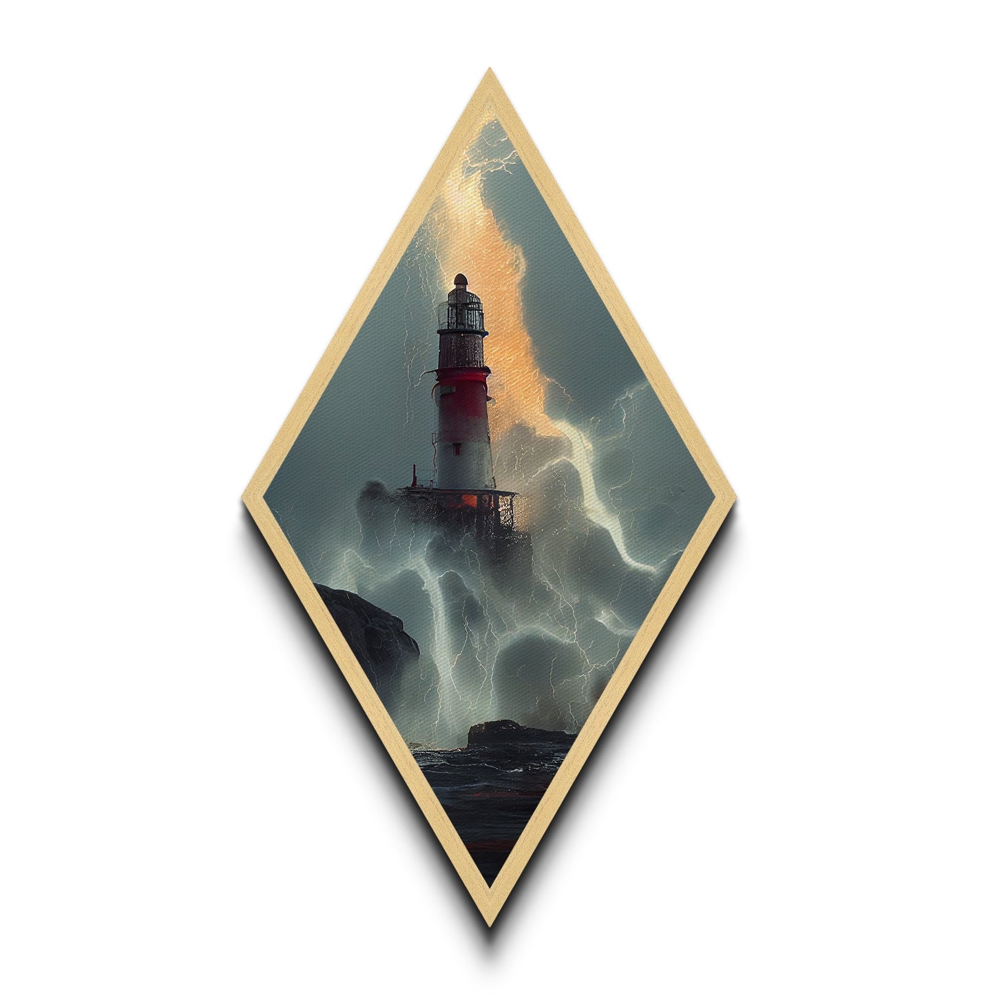 Lighthouse Tempest Fury Diamond Shaped Stormy Sea Wall Art Canvas Embossed Print Dramatic Nautical Lightning Ocean Decor