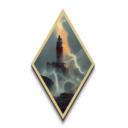 Lighthouse Tempest Fury Diamond Shaped Stormy Sea Wall Art Canvas Embossed Print Dramatic Nautical Lightning Ocean Decor