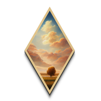 Golden Prairie Tree Diamond Shaped Serene Landscape Scene Canvas Art Print Peaceful Field Skies Rustic Nature Wall Decor