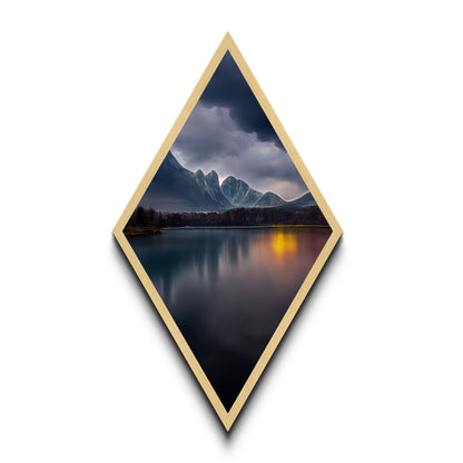 Thunder Peak Reflection – Diamond Shaped Stormy Lake Mountains Canvas Textured Print, Moody Scenic Nature Wall Art, Atmospheric View