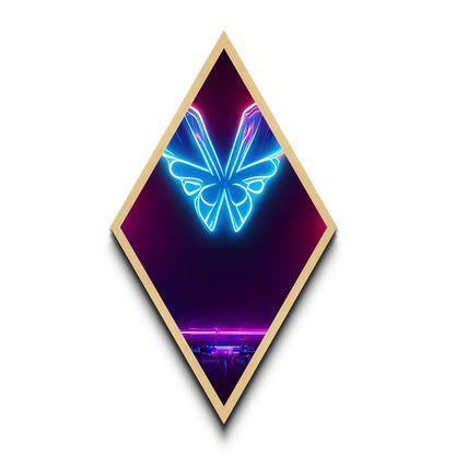 Neon Butterfly Pulse – Diamond Shaped Futuristic Glow Canvas Embossed Print, Cyberpunk Wall Art, Vaporwave Lighting Aesthetic