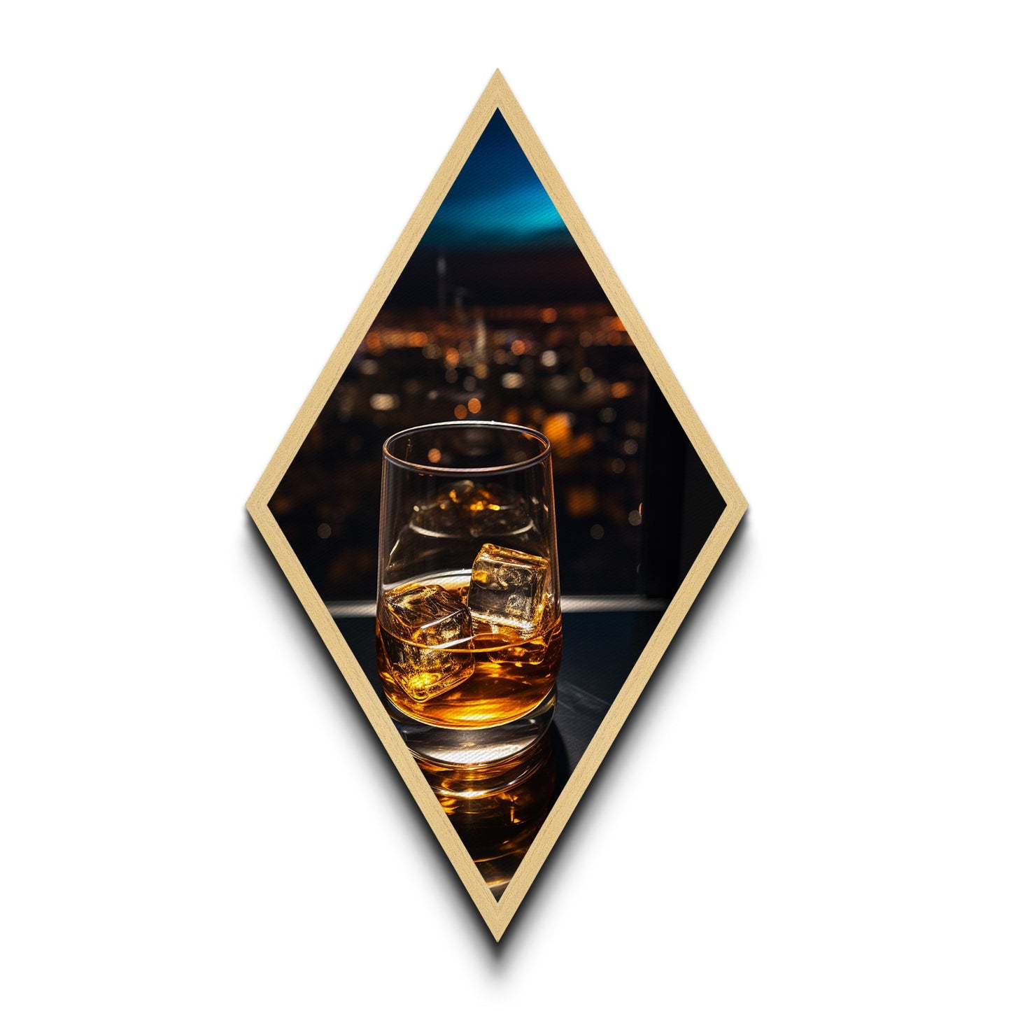 City Lights Whiskey – Diamond Shaped Canvas Embossed Print Nightlife Bar Art, Modern Whiskey Glass Wall Decor, Urban Evening Cocktail Vibe