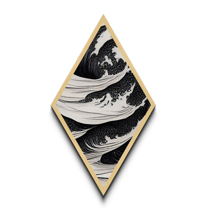 Monochrome Wave Fury – Diamond Shaped Japanese Style Ocean Print Canvas Textured Print, Bold Black and White Wall Art, Ink Style Sea