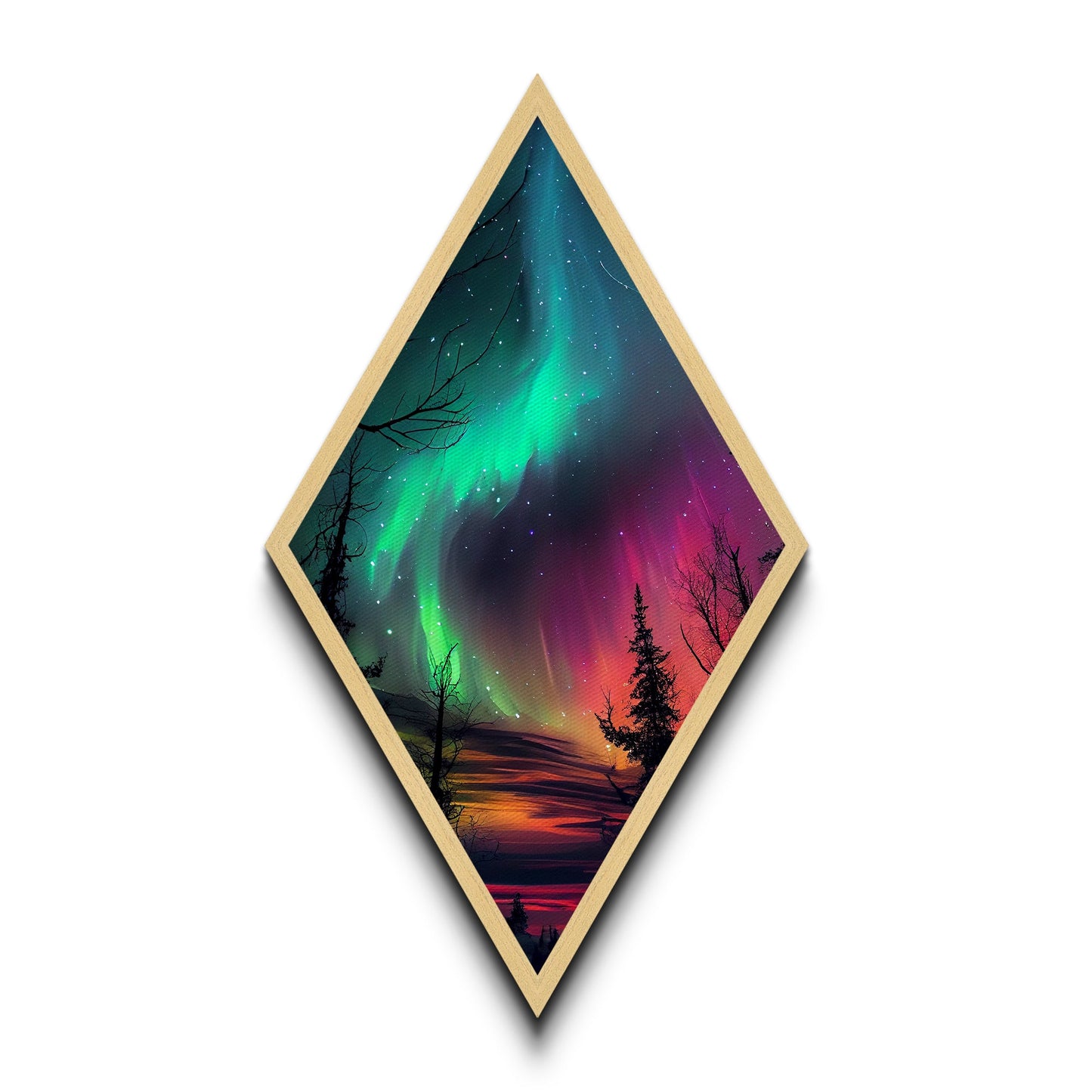 Aurora Nightfall Glow Diamond Shaped Northern Lights Forest Canvas Textured Print Nature Sky Landscape Wall Art Bedroom Peaceful Decor