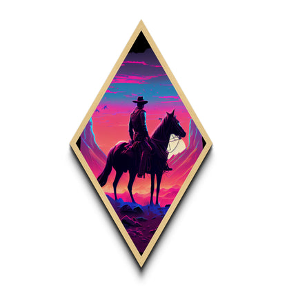 Neon Cowboy Sunset – Diamond Shaped Canvas Art Print with Western Landscape Scene, Vibrant Sky Wall Decor, Modern Desert Art