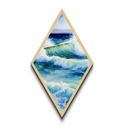 Ocean Wave Surge Diamond Shaped Canvas Textured Print, Coastal Watercolor Seascape Wall Art, Blue Wave Nature Art Gift