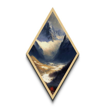 Alpine Valley Peaks Diamond Shaped Canvas Art Print, Snowy Mountain Scenic Wall Decor, Wilderness Landscape Nature Painting