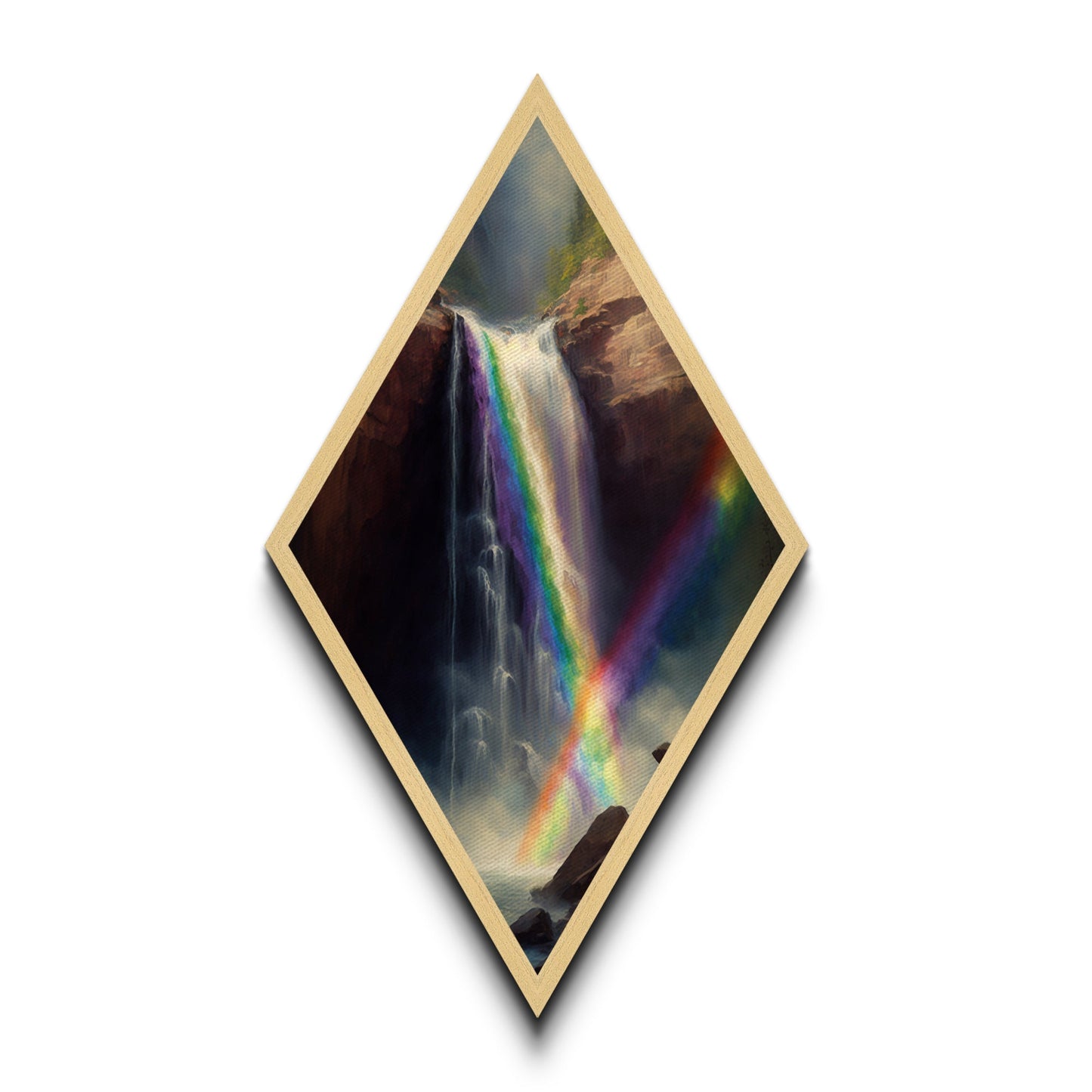 Rainbow Cascade Falls Diamond Shaped Canvas Embossed Print, Waterfall Landscape Art Print, Nature Wall Decor Mountain Scene