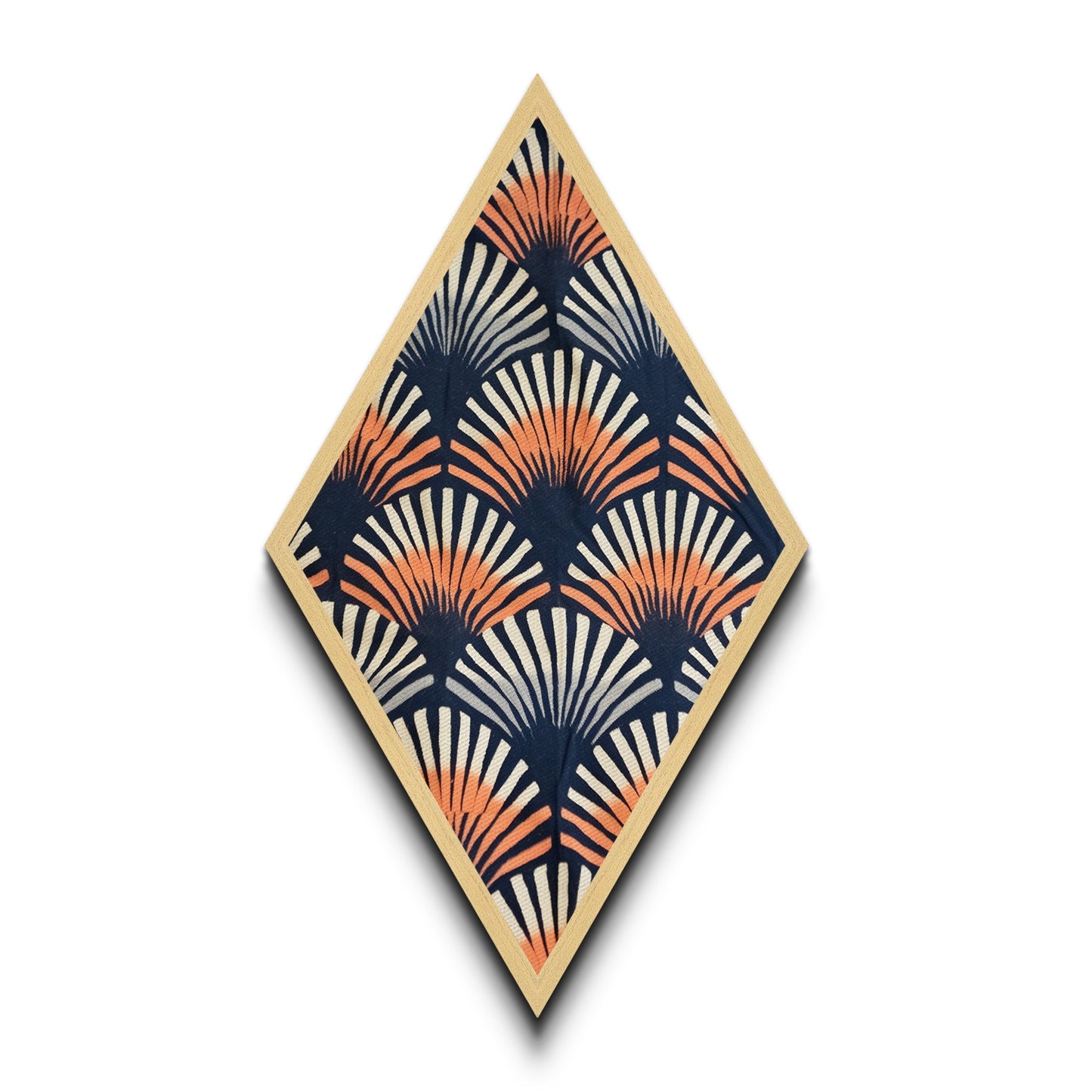 Retro Fan Pattern – Diamond Shaped Canvas Textured Print Mid Century Modern Wall Decor, Navy Orange Abstract Textile Style, Bold Boho Vibes