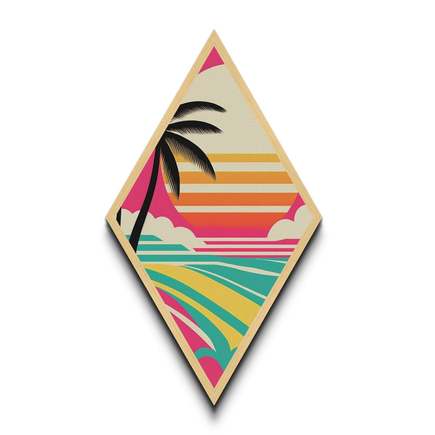 Tropical Minimal Vibe – Diamond Shaped Palm Tree Graphic Canvas Textured Print with Retro Beach Sunset and Geometric Stripes