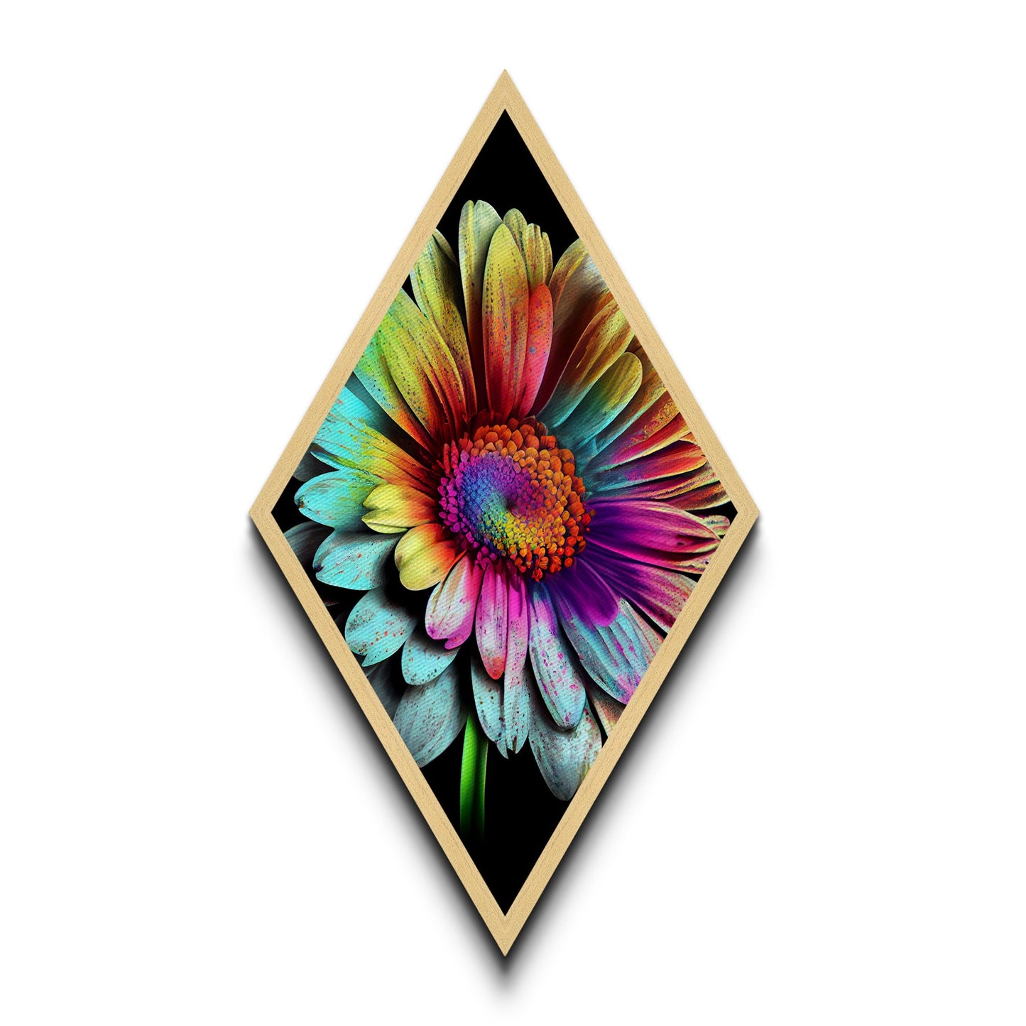 Funky Rainbow Flower Print, Canvas Embossed Wall Art, Diamond Shaped Art