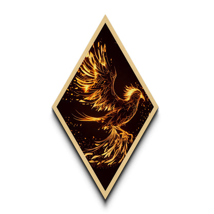 Phoenix Wood Framed Art Print, Diamond Shaped Art, Rebirth, Reincarnation, Canvas Textured Decor Art Print, Office Art