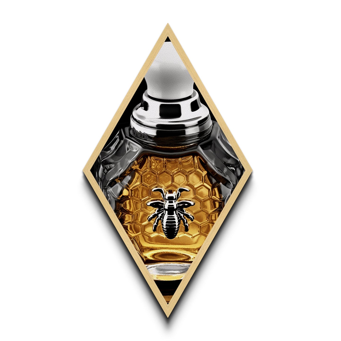 Honeycomb Elegance Bee Diamond Shaped Canvas Art Print, Gold Hexagon Insect Decor, Glam Perfume Bottle Graphic Wall Piece