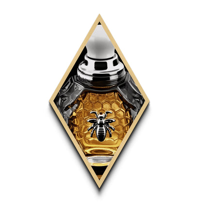 Honeycomb Elegance Bee Diamond Shaped Canvas Art Print, Gold Hexagon Insect Decor, Glam Perfume Bottle Graphic Wall Piece