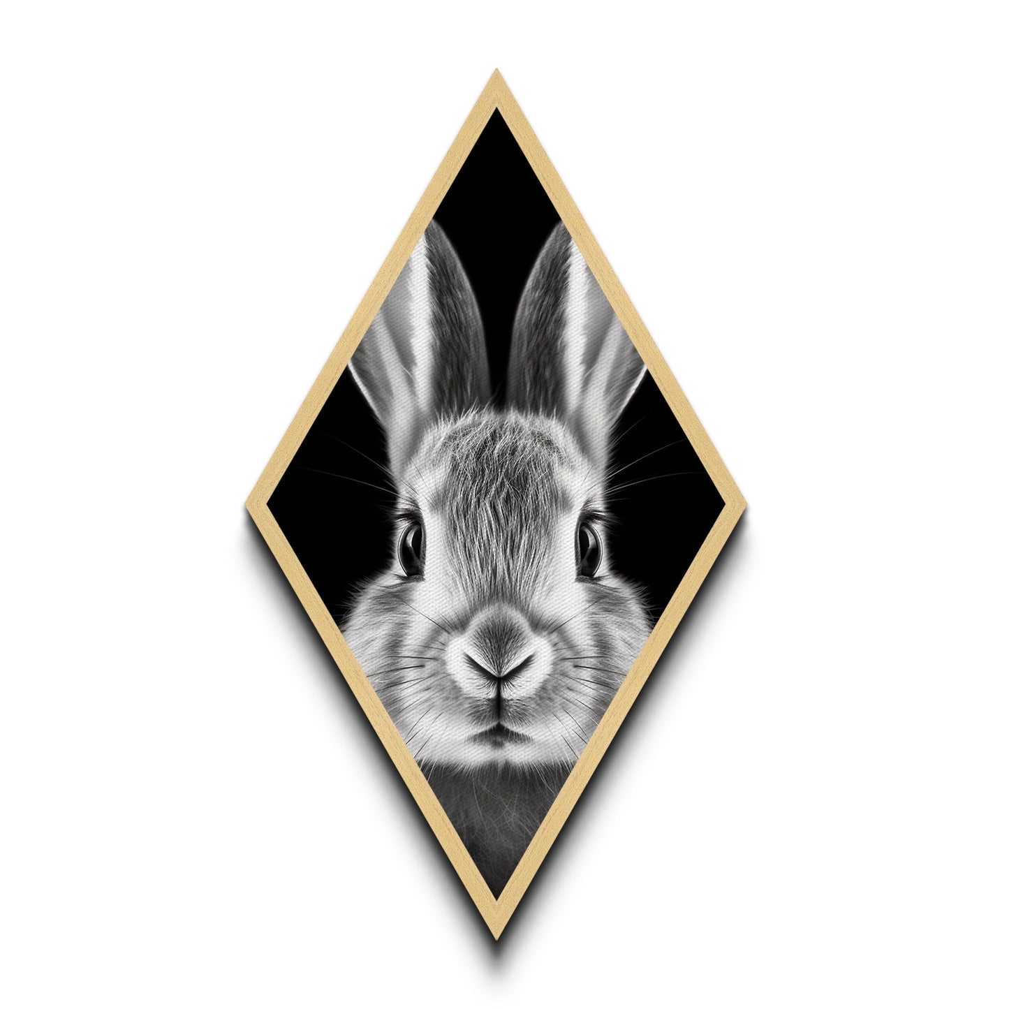 Curious Bunny Face Diamond Shaped Canvas Textured Print, Black and White Rabbit Animal Art, Minimalist Pet Lover Wall Decor