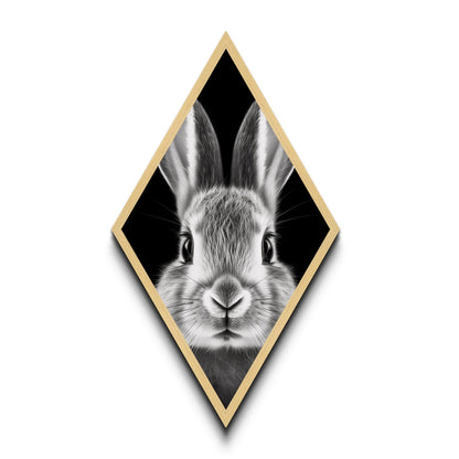Curious Bunny Face Diamond Shaped Canvas Textured Print, Black and White Rabbit Animal Art, Minimalist Pet Lover Wall Decor