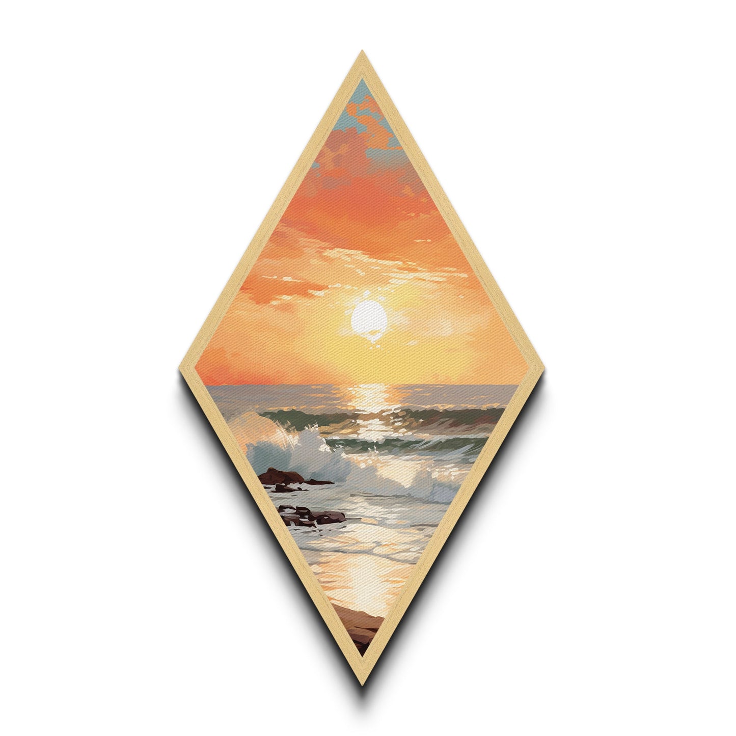 Beautiful Beach Sunset Framed Print, Nautical Painting, Coastal Decor, Diamond Shaped Art, Retro MCM Style Wall Art