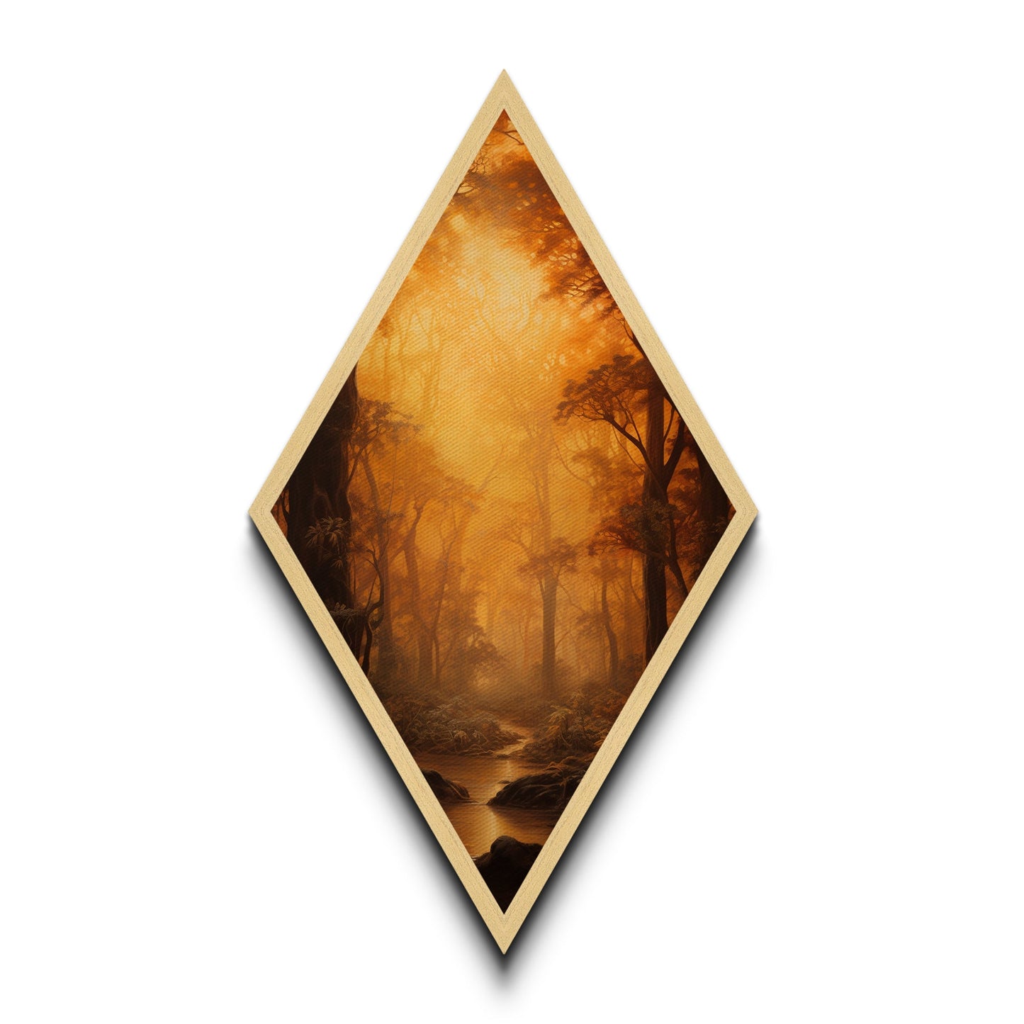 Fall In The Forest, Canvas Textured Print, Diamond Shaped Landscape Painting, Retro Home Decor, Nature Painting