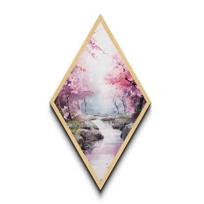 Cherry Blossoms In Spring, Diamond Shaped Canvas Embossed Wall Art, Canvas Texture Art, Japanese Inspired Wall Art, Statement Piece