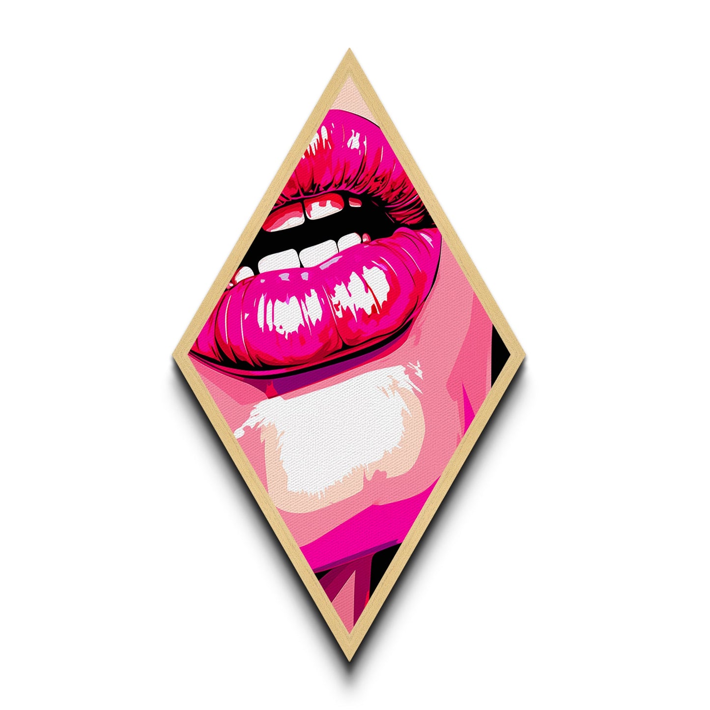 Glossy Pink Lips Biting – Canvas Art Print Bold Pop Art Diamond Wall Decor, Retro Comic Style, Lipstick Fashion Wall Accent, Neon Vibe