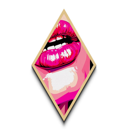 Glossy Pink Lips Biting – Canvas Art Print Bold Pop Art Diamond Wall Decor, Retro Comic Style, Lipstick Fashion Wall Accent, Neon Vibe