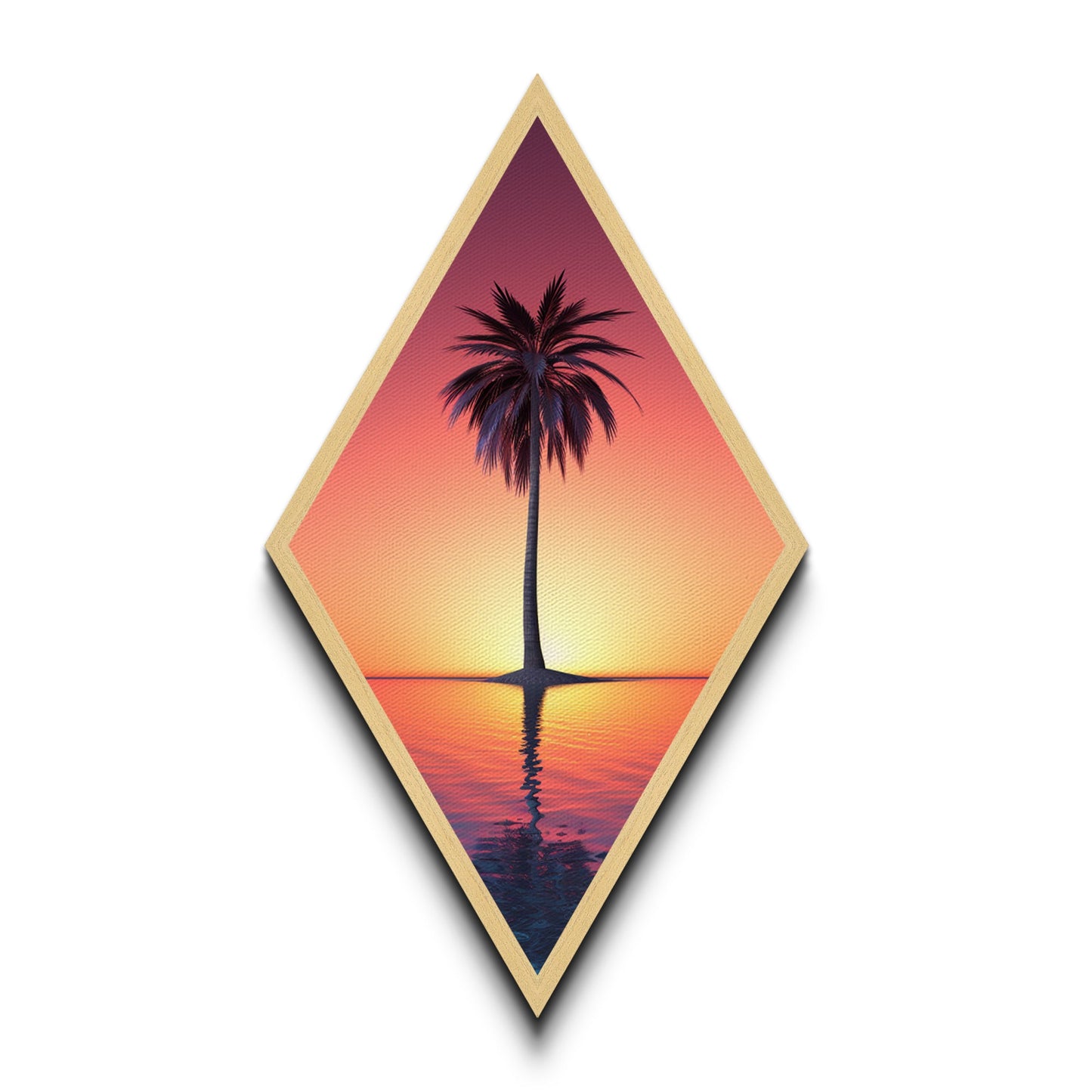 Synth Wave Palm Tree at Sunset, Framed Canvas Art, Wood Framed Canvas Texture Wall Art, Diamond Shaped Decor, Retro Wall Art